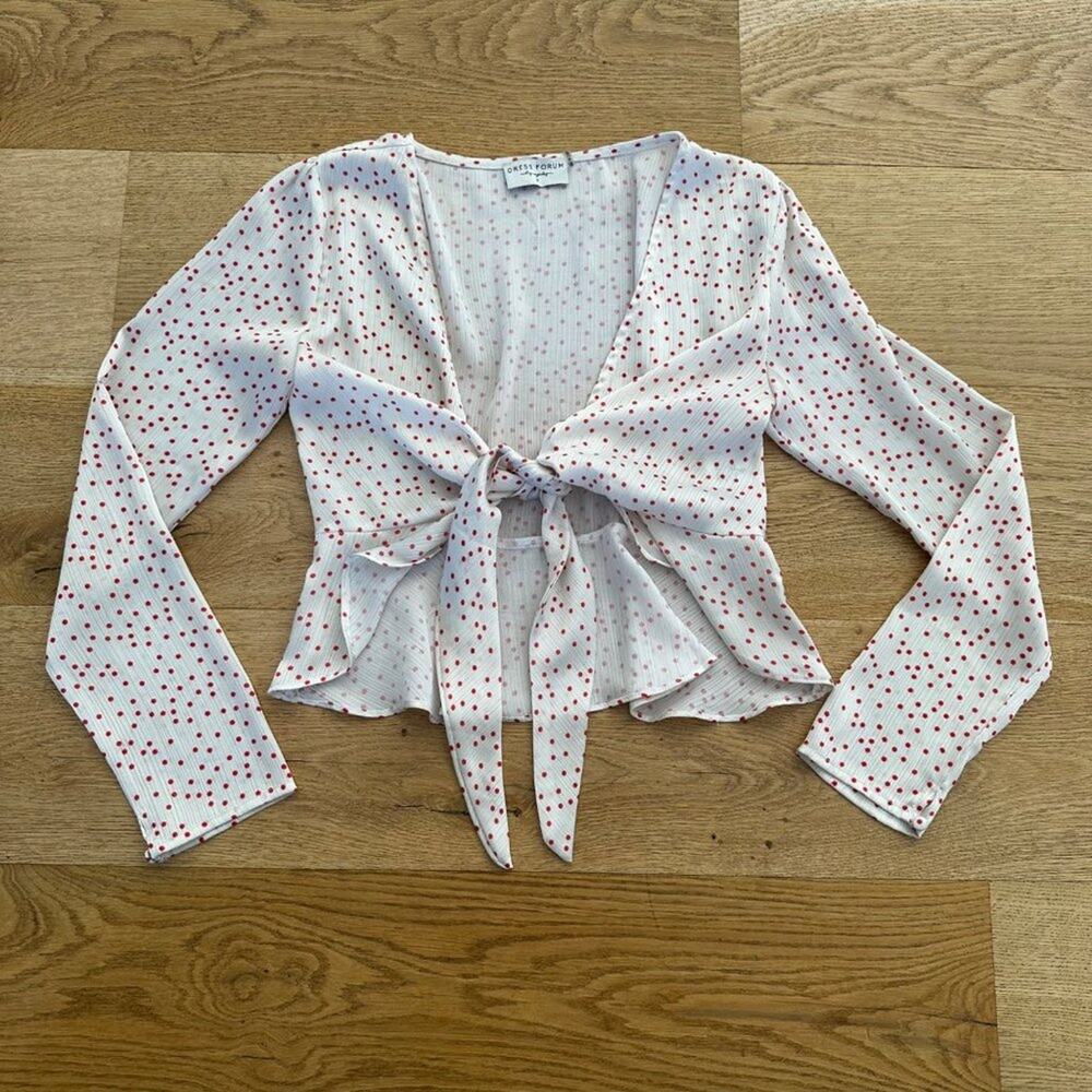 Dress Forum Tie Front Polka Dot Peplum Top in White & Red
